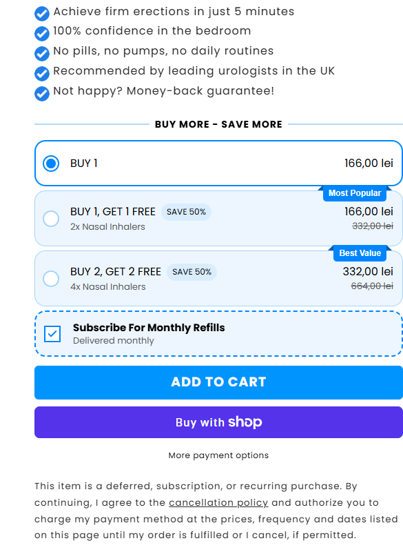 Uncle Stiffys bundle options and monthly refill selection on the product page