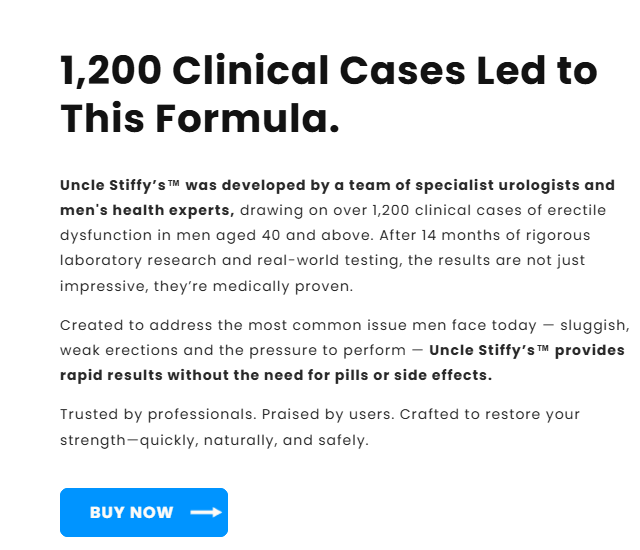 Uncle Stiffys research and clinical-case claims displayed in its sales copy