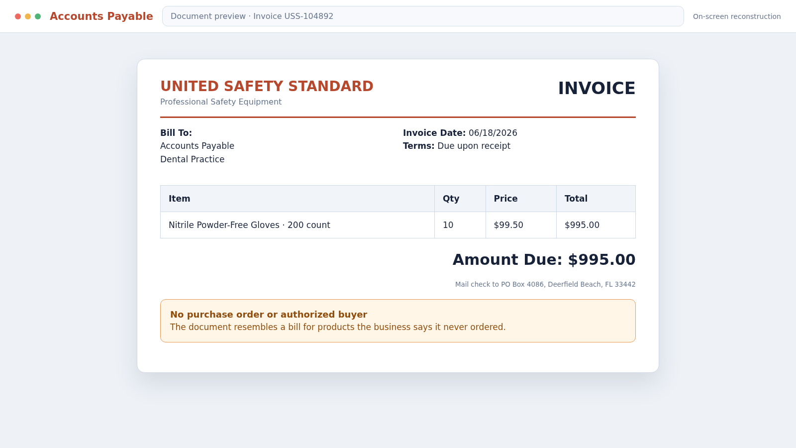United Safety Standard Scam: Fake $995 Glove Invoices Target Businesses 1 Reconstructed United Safety Standard scam invoice for $995 in nitrile gloves