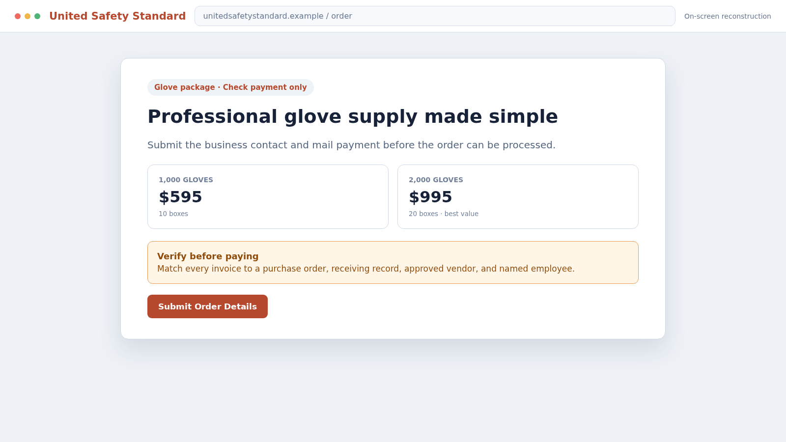 United Safety Standard Scam: Fake $995 Glove Invoices Target Businesses 2 Reconstructed United Safety Standard glove order and check payment page