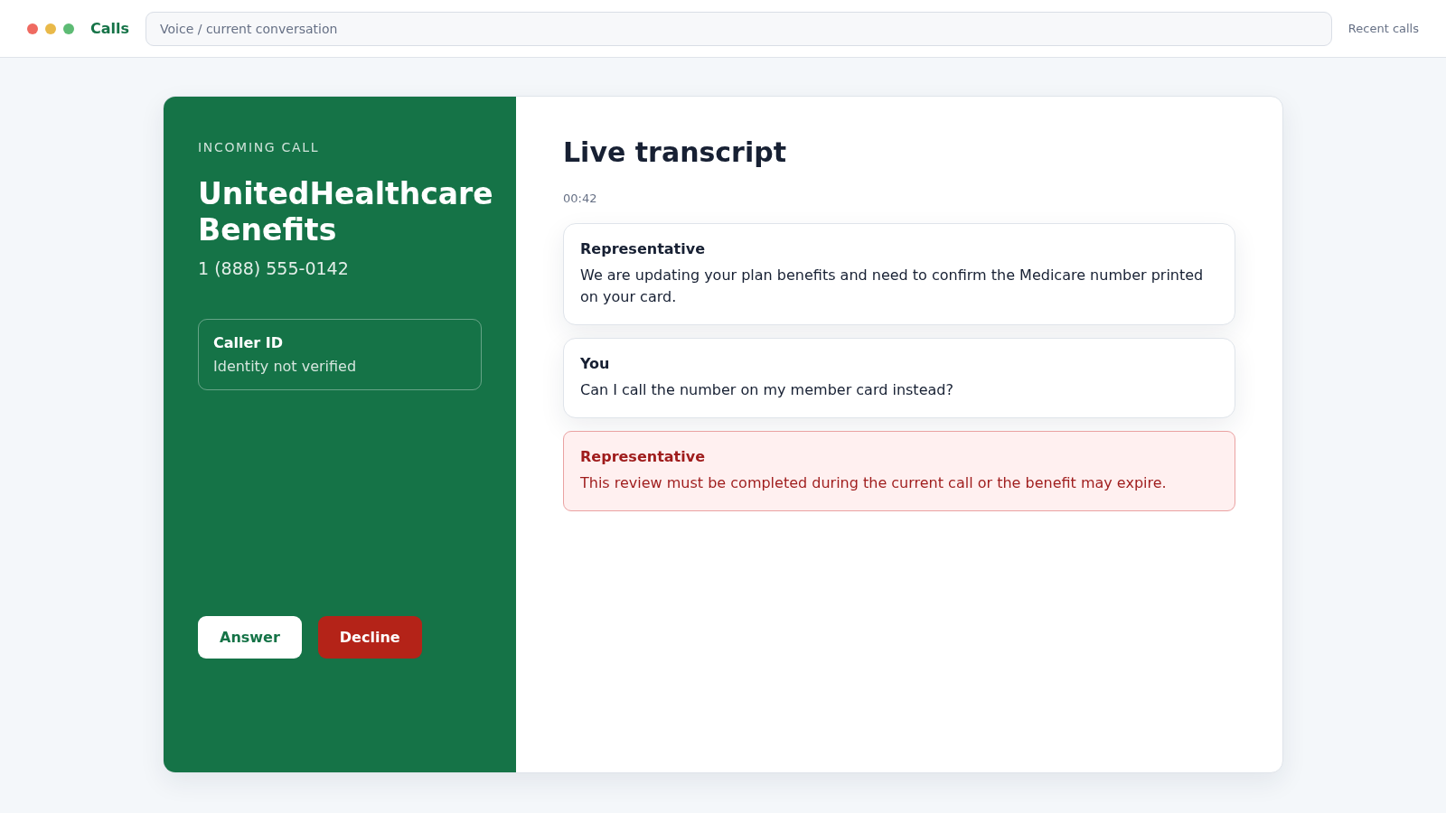 UnitedHealthcare Scam Calls: Fake Medicare Benefits Steal Your Identity 1 Reconstructed incoming call screen and transcript showing a fake UnitedHealthcare benefits representative requesting a Medicare number
