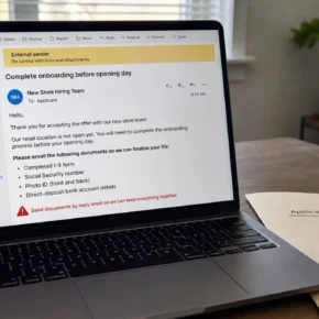 Realistic laptop screen showing an unopened retail store job email requesting I-9, SSN, photo ID, and bank details
