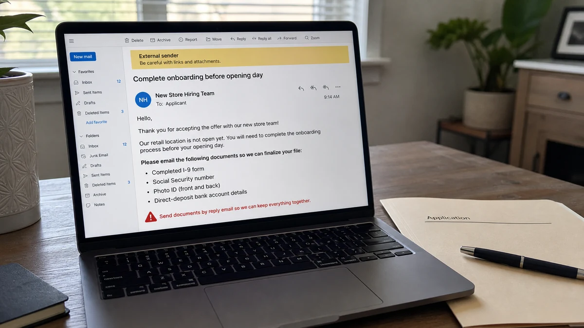 Realistic laptop screen showing an unopened retail store job email requesting I-9, SSN, photo ID, and bank details
