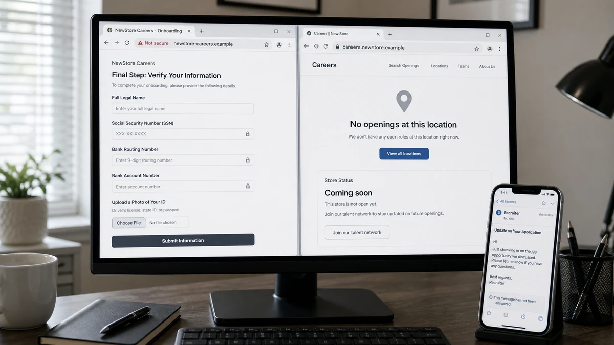 Realistic browser comparison showing a suspicious onboarding form beside a careers page with no openings at the unopened store