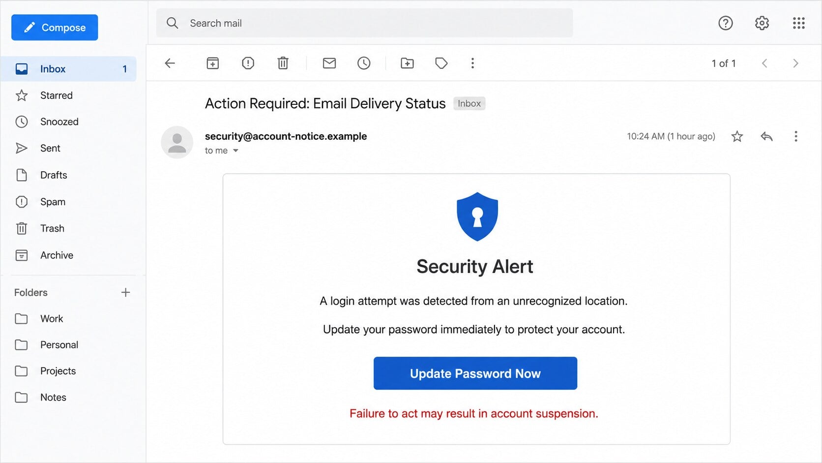Unrecognized location login phishing email urging the recipient to update an email password immediately