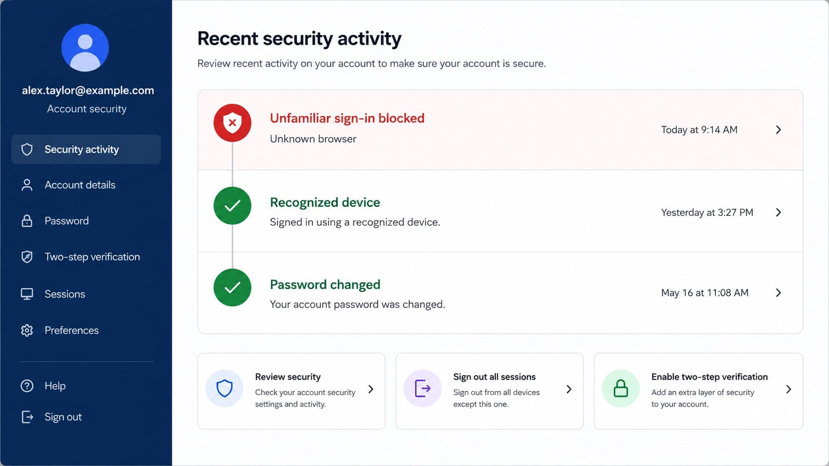 Account recent security activity page used to verify unfamiliar sign ins and sign out sessions safely