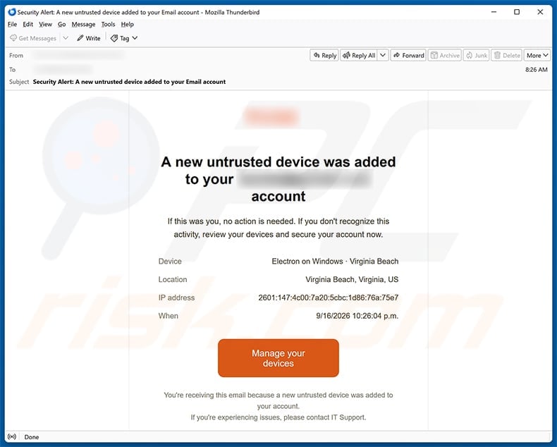 Untrusted Device Added Email Scam: Adaptive Fake Login Page Investigated 1 Fake security alert claiming an untrusted Electron on Windows device was added in Virginia Beach