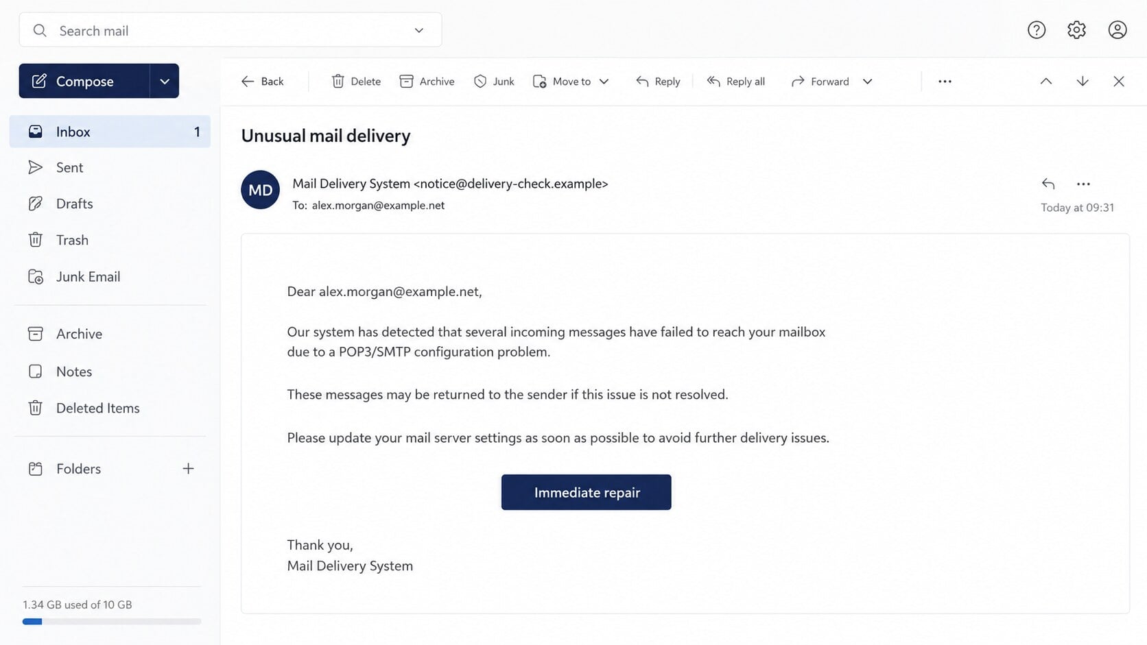 Unusual mail delivery phishing email claiming messages failed because of a POP3 SMTP configuration problem
