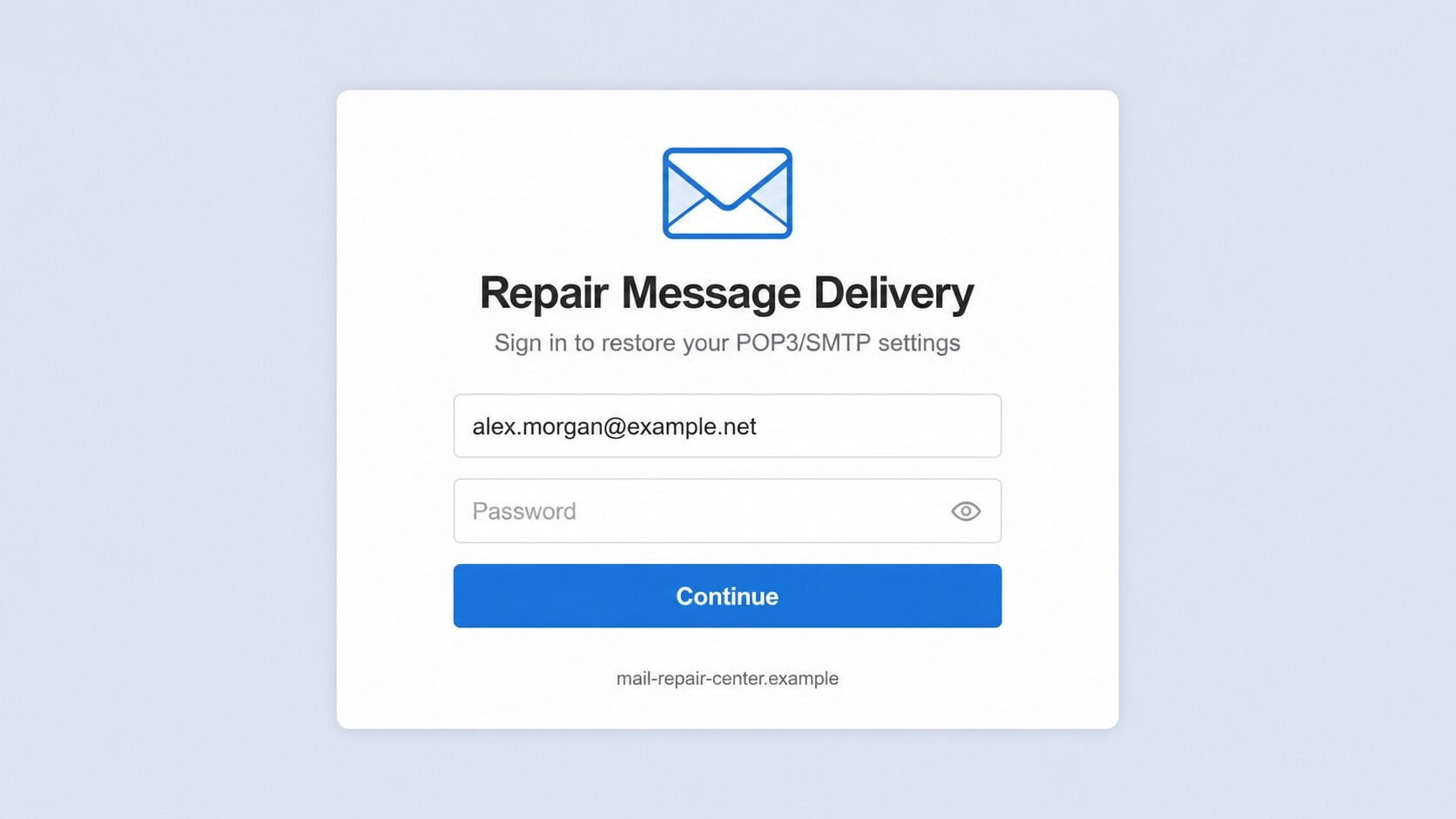 Fake repair message delivery page requesting an email password to restore POP3 SMTP settings