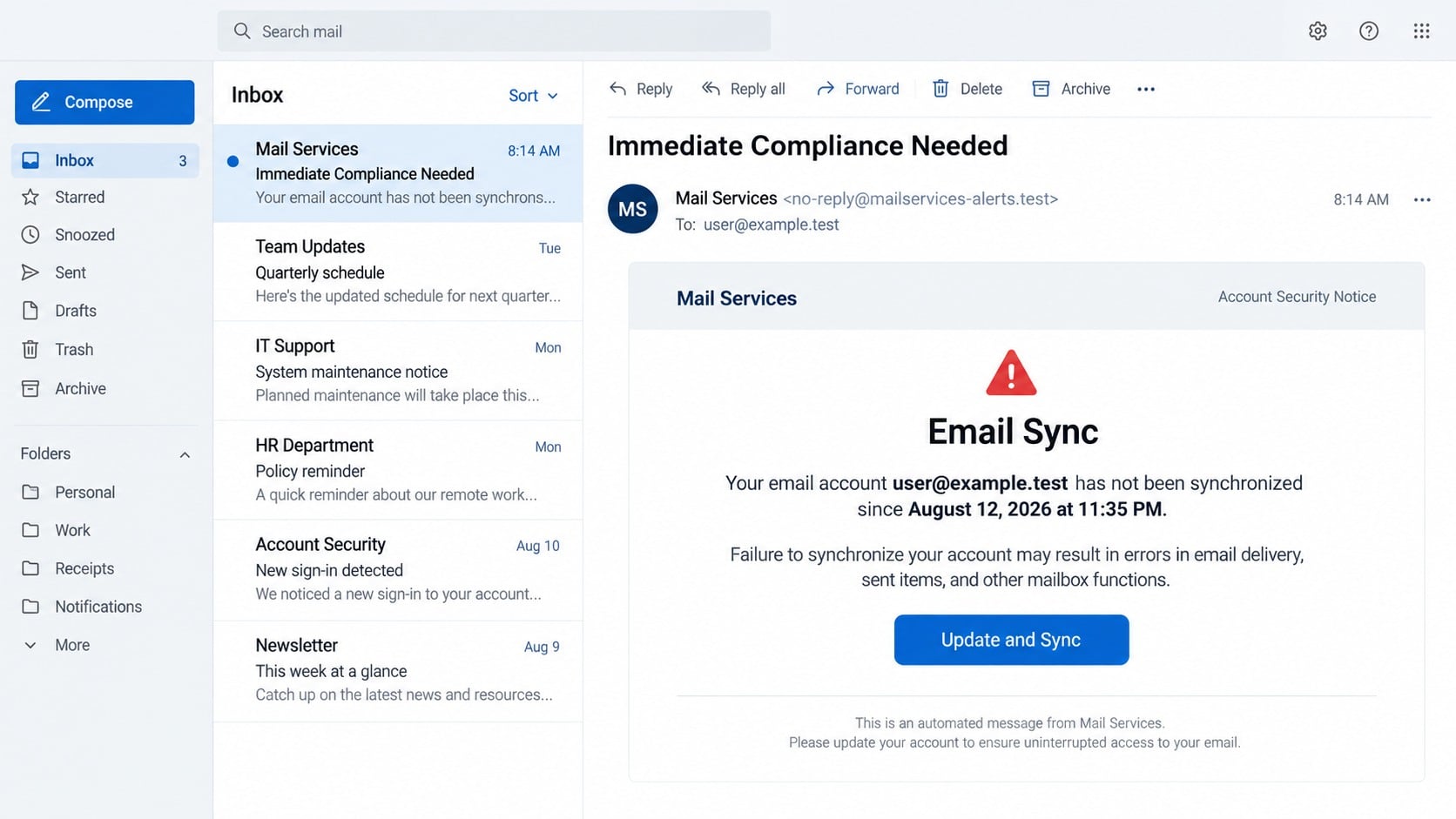 Fake Immediate Compliance Needed email about mailbox synchronization