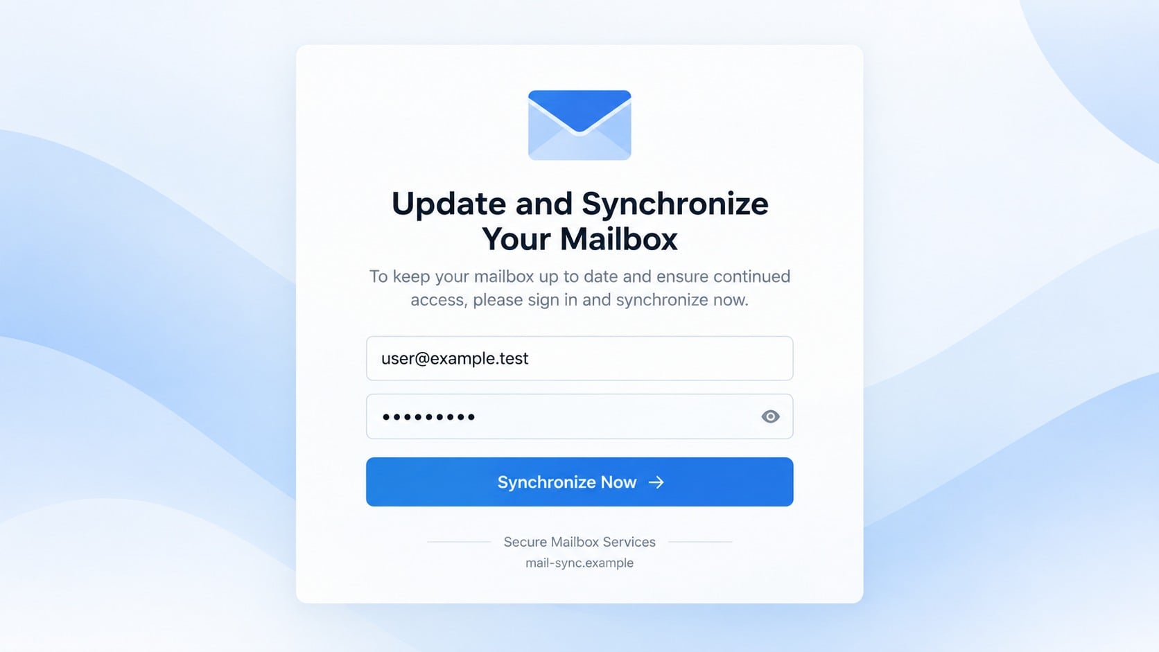 Fake Update and Sync webmail login page designed to steal credentials