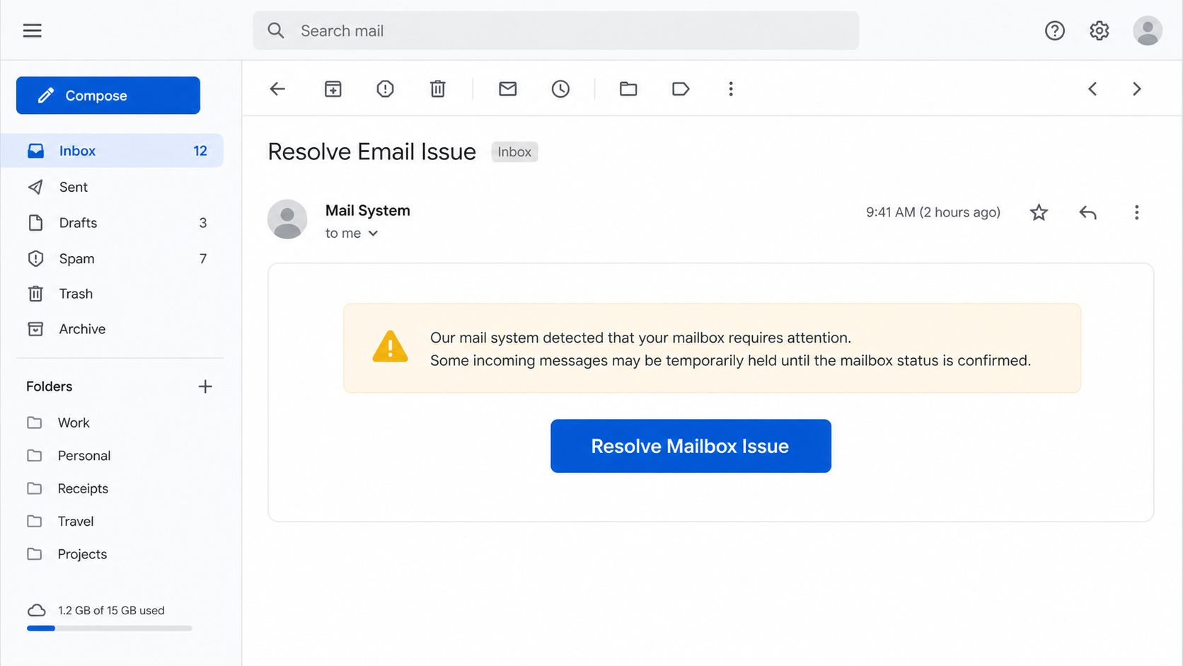 Fake Resolve Email Issue message asking the recipient to confirm mailbox status