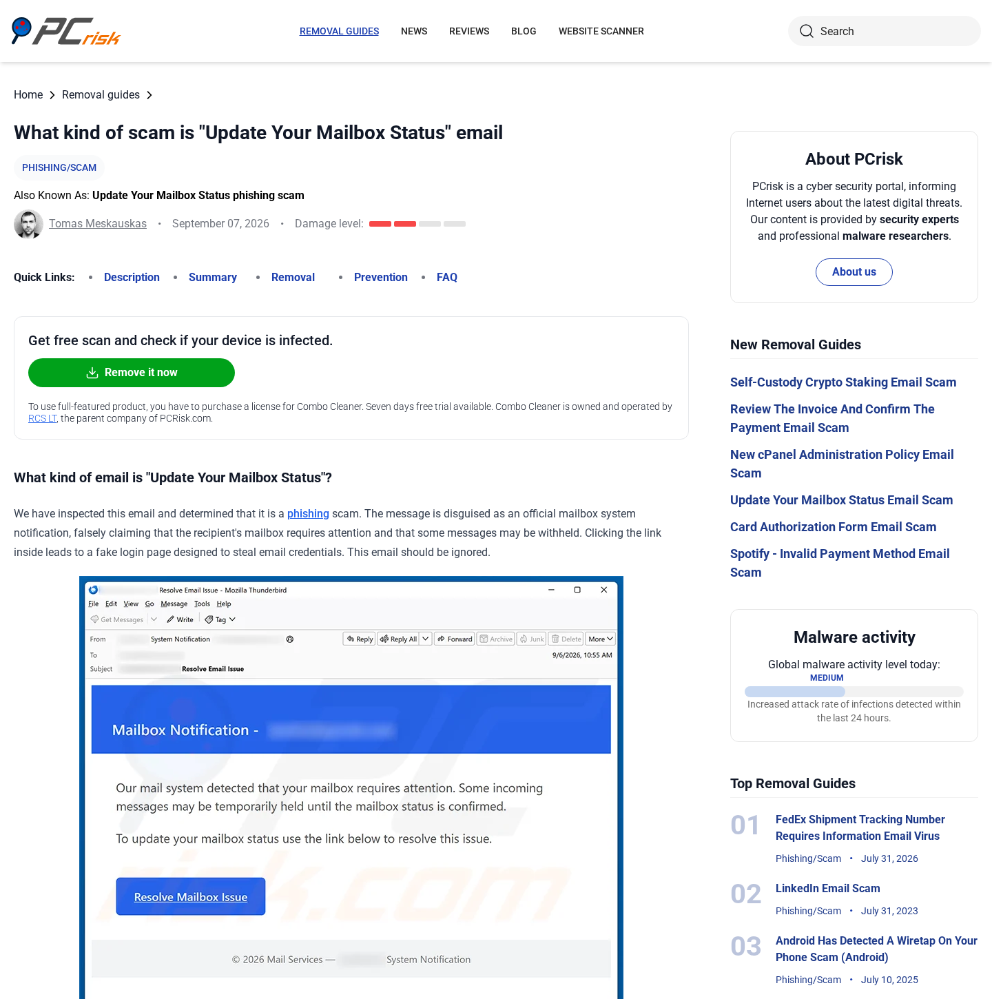 Investigation page showing an Update Your Mailbox Status phishing email
