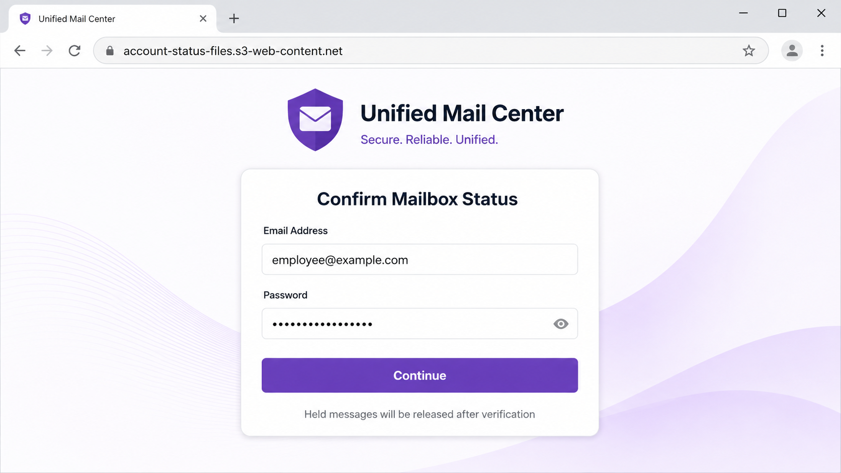 Fictional Unified Mail Center phishing page requesting a mailbox password