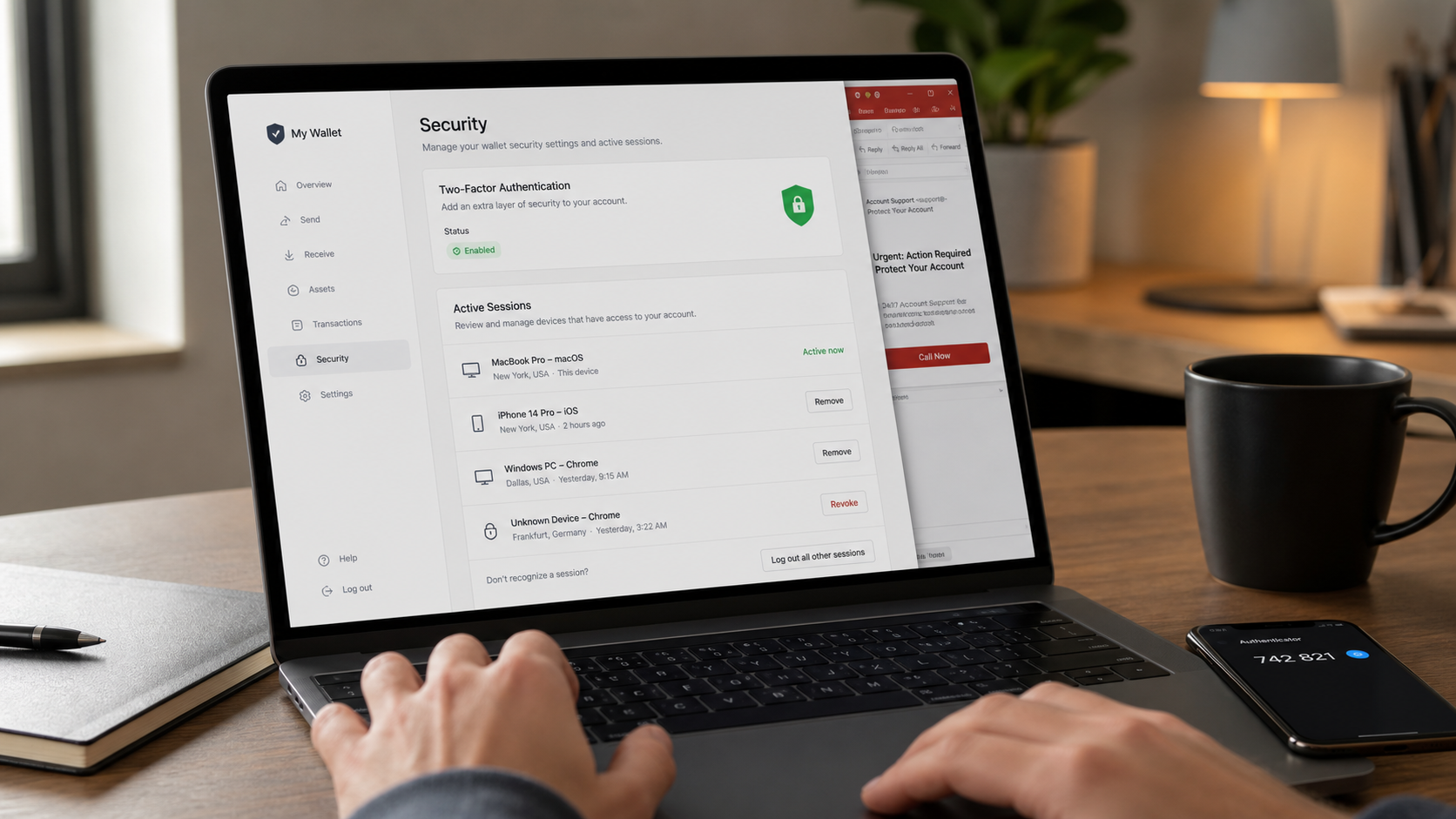 Crypto account owner reviewing sessions and two-factor authentication after a phishing email