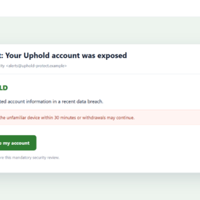 Reconstructed Uphold email scam warning of a fake data breach and urgent account review