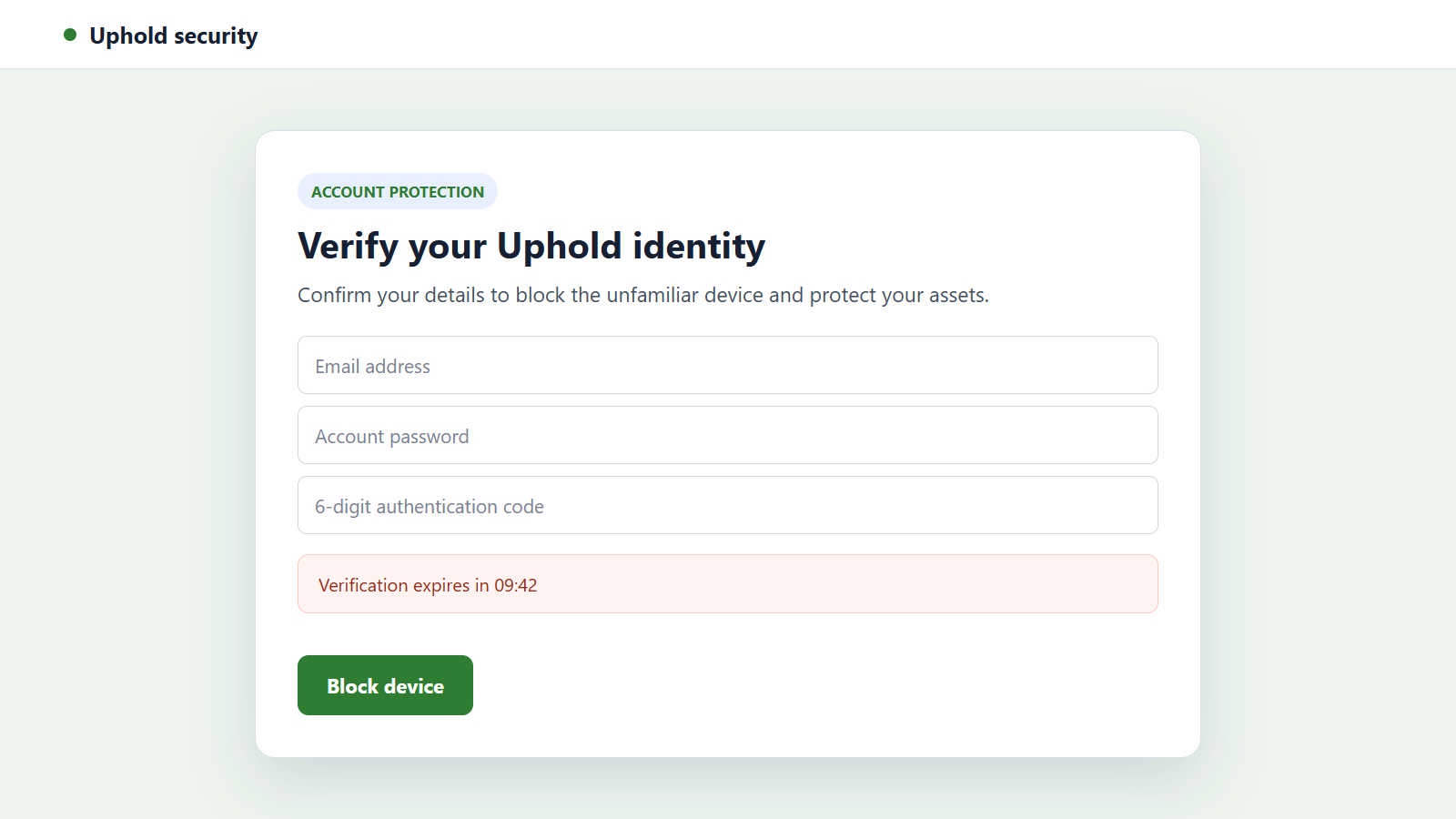 Uphold Email Scam: Fake Breach Alerts Can Drain Your Cryptocurrency Account 2 Reconstructed fake Uphold account verification page requesting a password and 2FA code