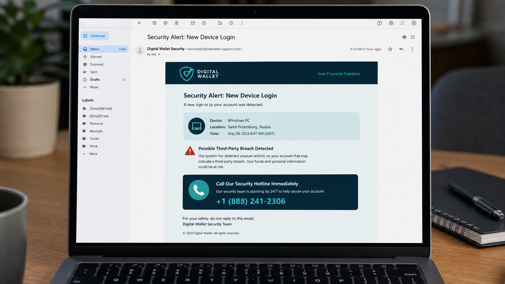 Realistic reconstruction of an Uphold security email scam with a fake breach hotline