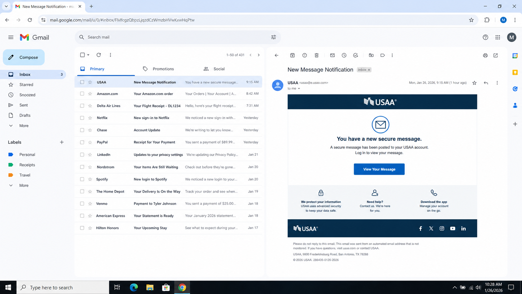 Fake USAA New Message Notification email with a View Your Message button