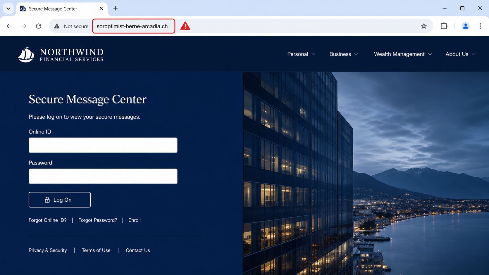 Counterfeit secure message login on an unrelated non-USAA domain