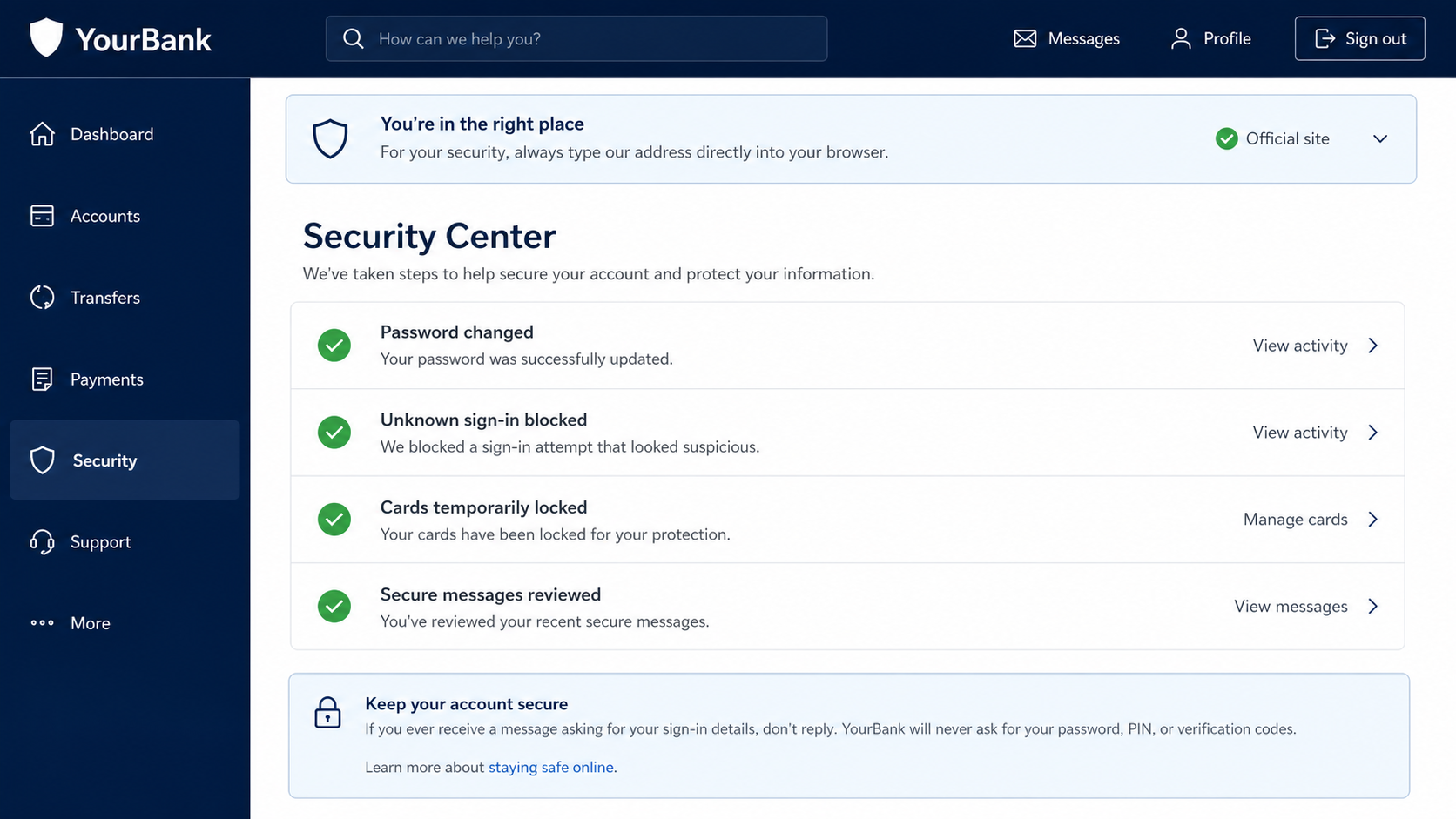 Bank security center showing password reset, blocked sign-in, and locked cards