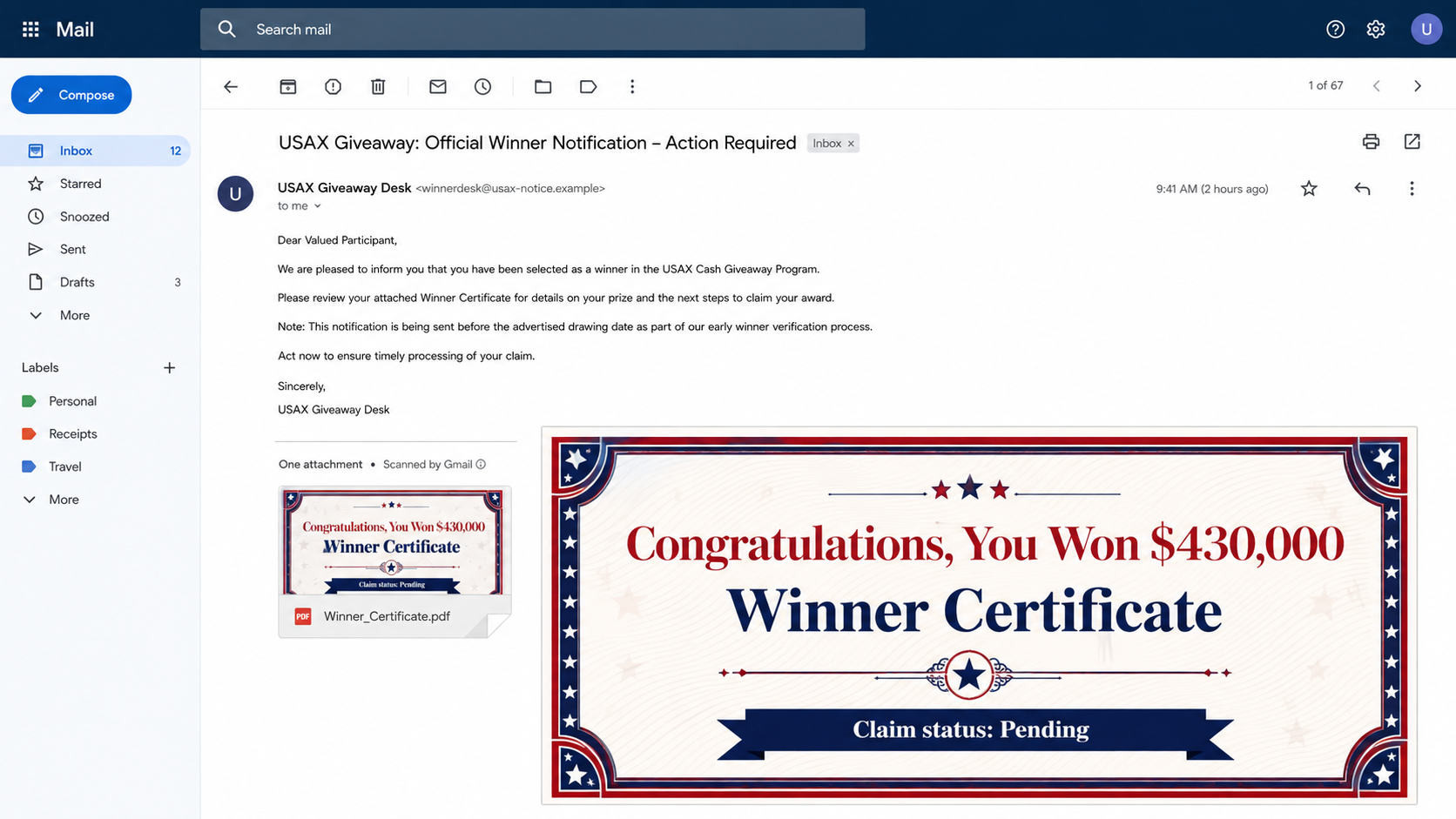USAX PAC Prize Fee Scam: The $430,000 Trap 1 USAX PAC prize fee scam recreated as a fictional winner notification