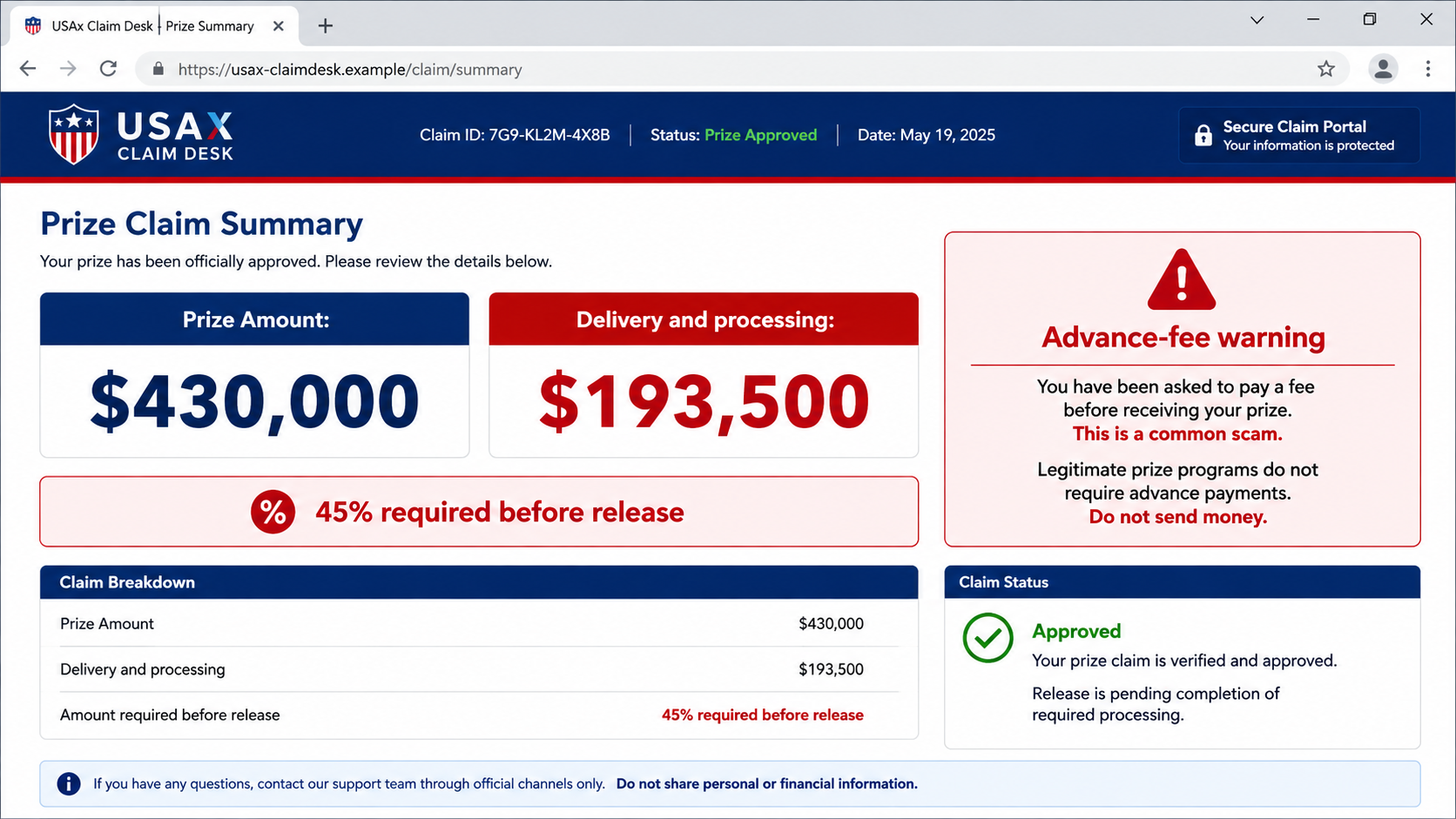 USAX PAC Prize Fee Scam: The $430,000 Trap 2 Educational reconstruction exposing the advance fee in a $430,000 prize claim