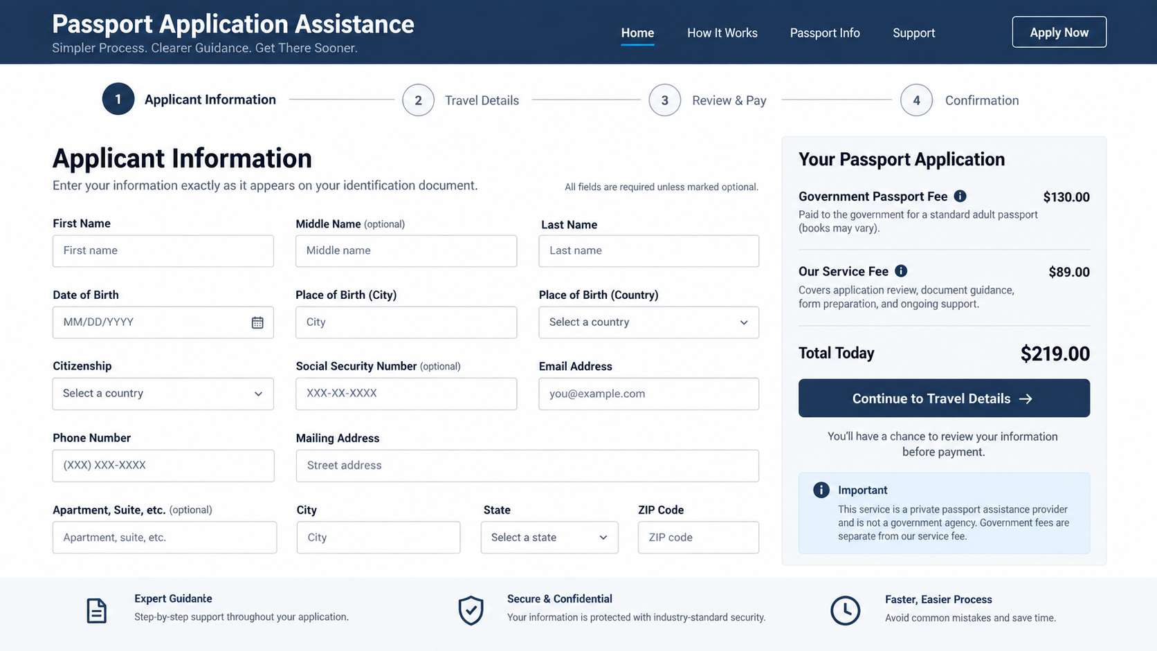 USPassportandVisa.org Scam Warning: Why Your Passport Is Not Renewed Online 1 Editorial reconstruction of a third-party passport assistance form with a separate service fee