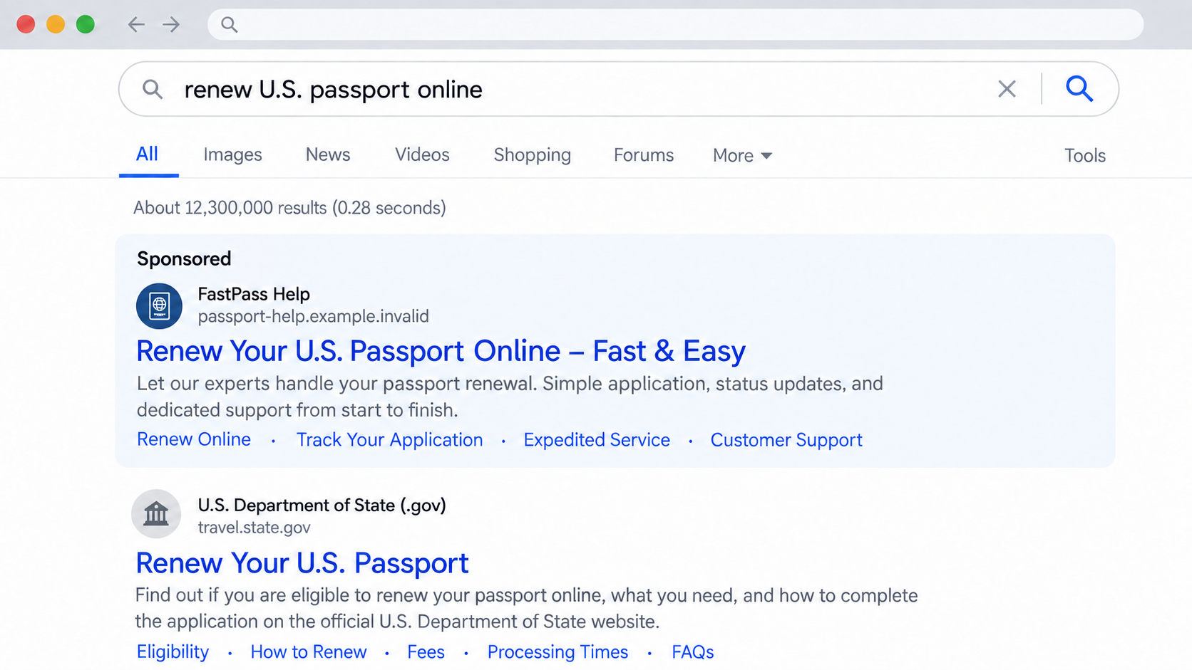USPassportandVisa.org Scam Warning: Why Your Passport Is Not Renewed Online 2 Editorial reconstruction showing a sponsored passport assistance result above the official State Department result