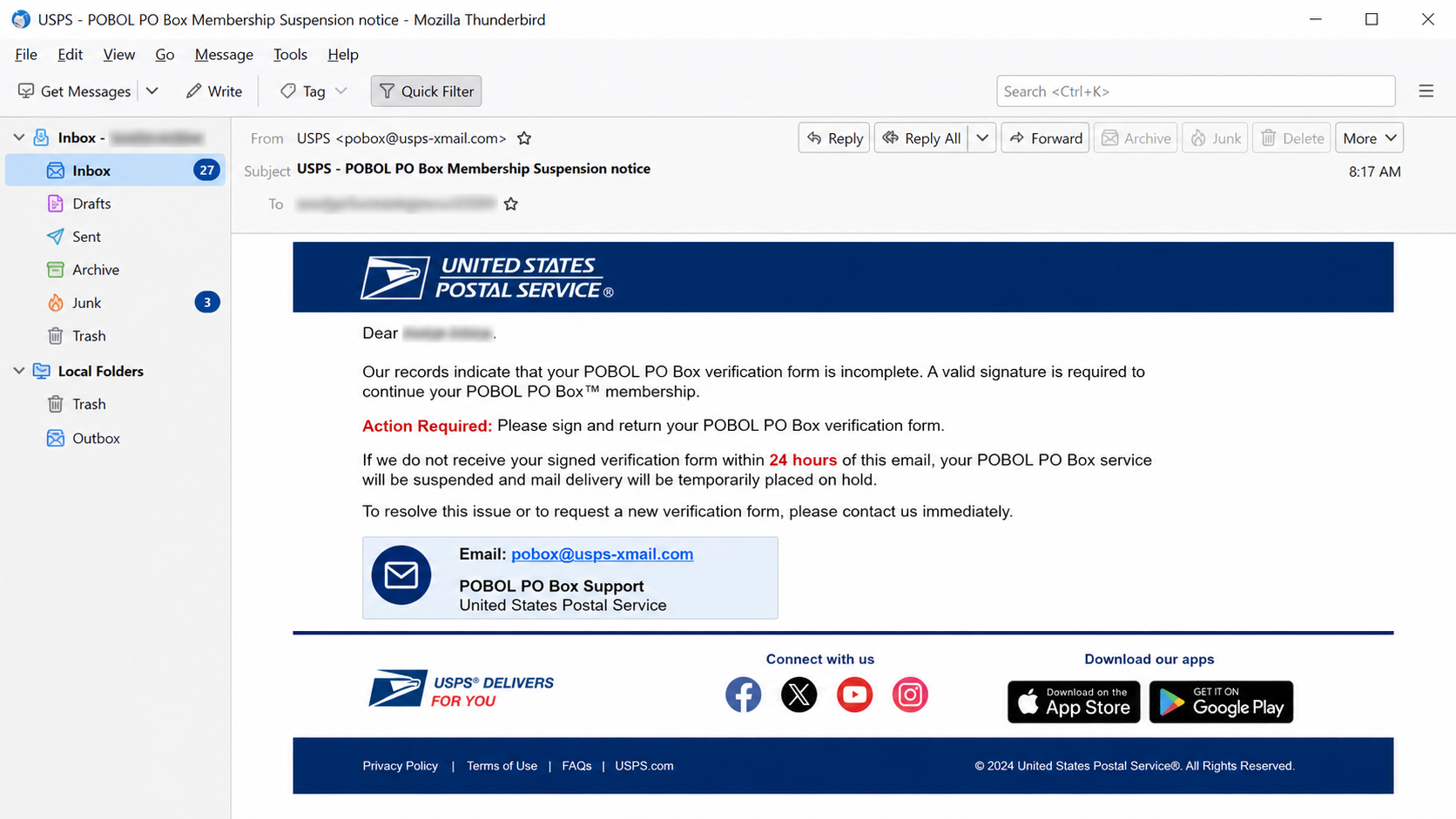 USPS Signature Required phishing email claiming a PO Box membership will be suspended