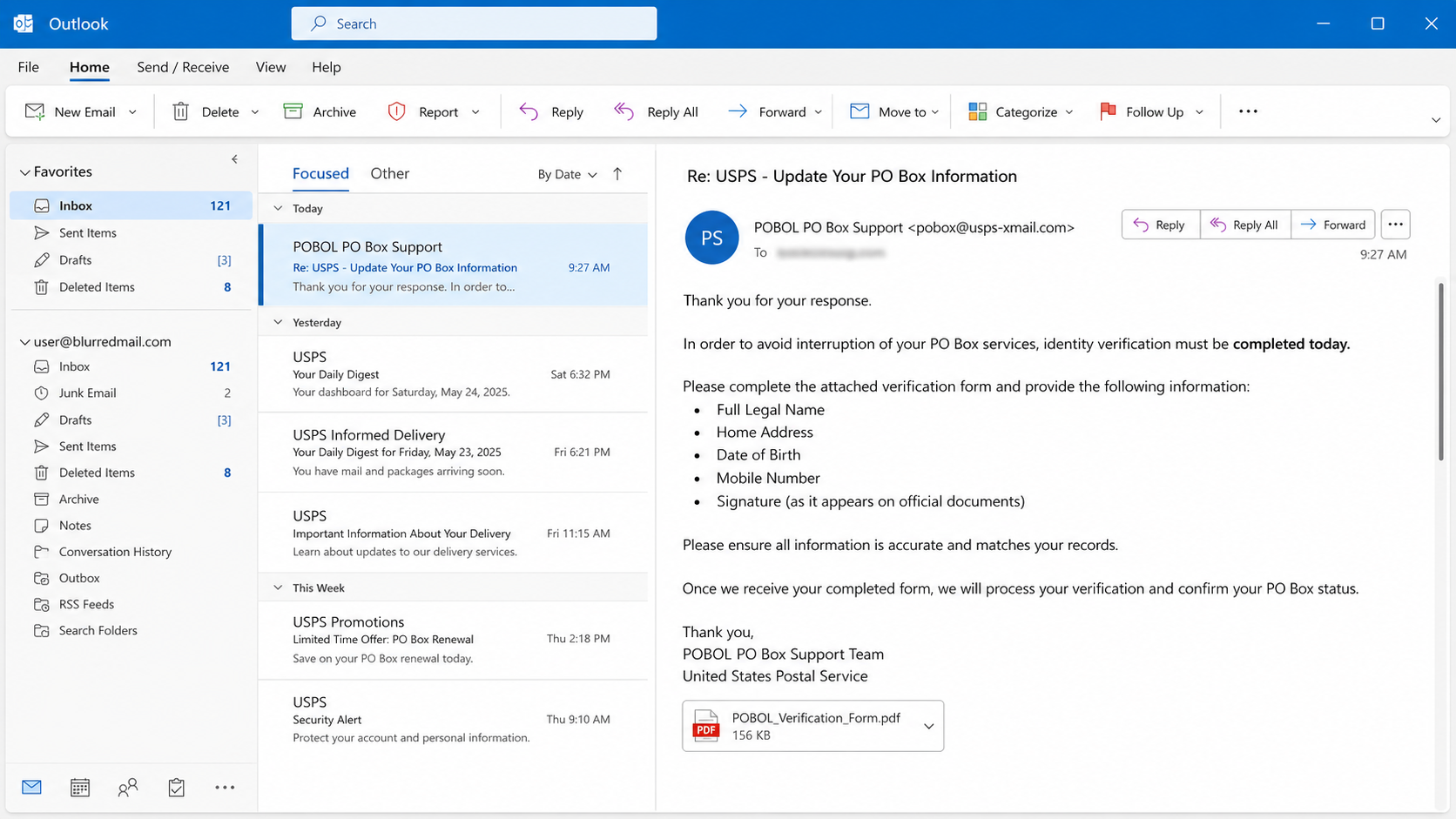 Example follow-up message requesting personal information for fake USPS PO Box verification
