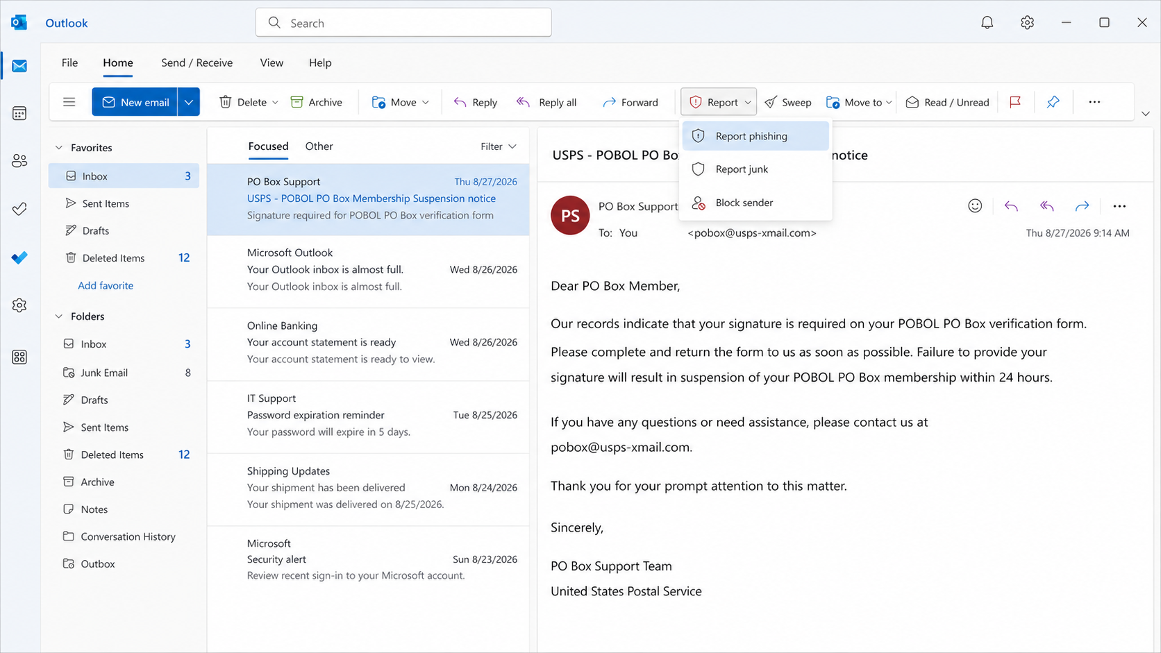 Email menu used to report the fake USPS PO Box verification message as phishing