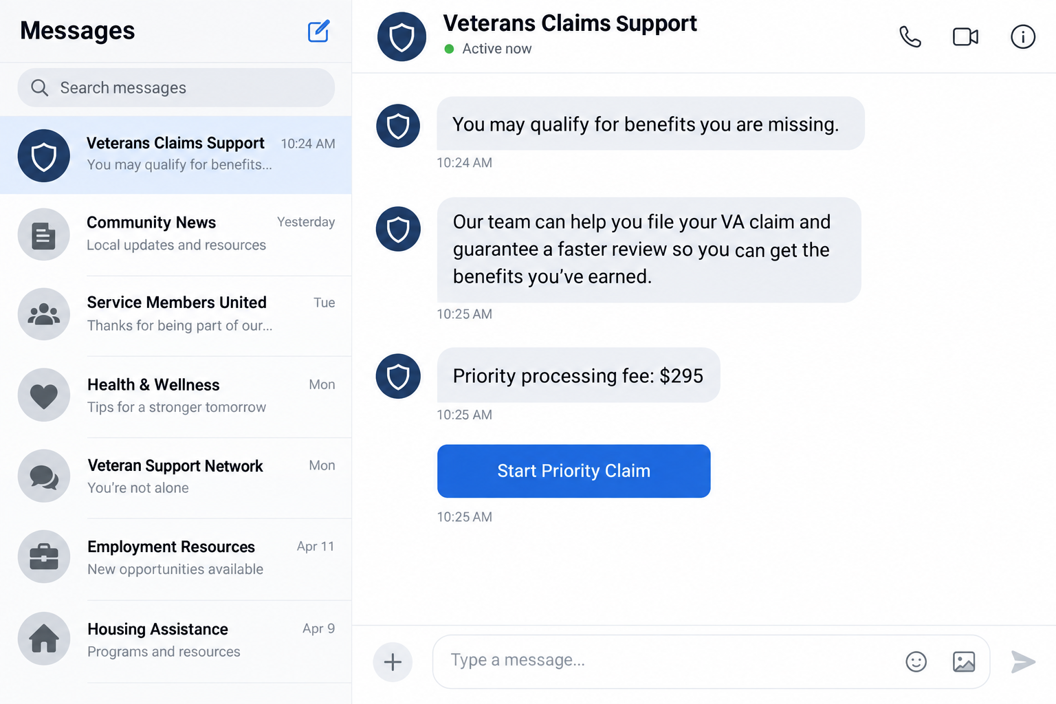 VA Benefits Fee Scam Charges Veterans for Free Help 1 Fictional social media message charging a $295 priority processing fee for a veterans benefits claim