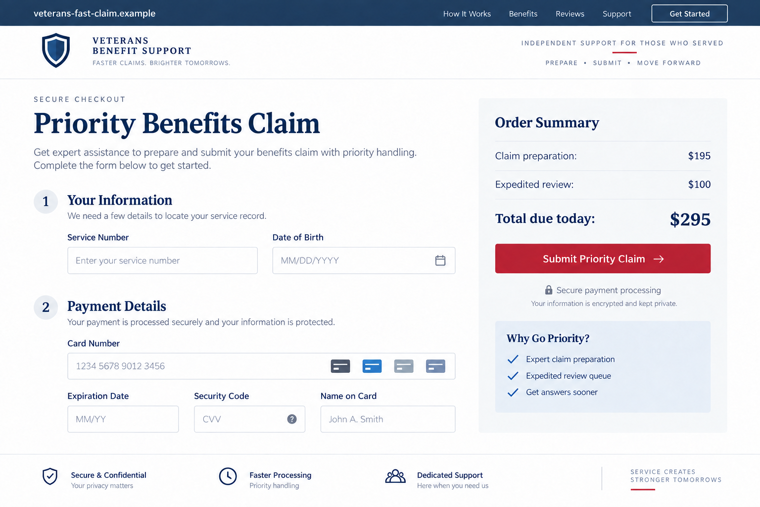 VA Benefits Fee Scam Charges Veterans for Free Help 2 Fictional veterans benefits checkout collecting service information and a $295 priority claim fee