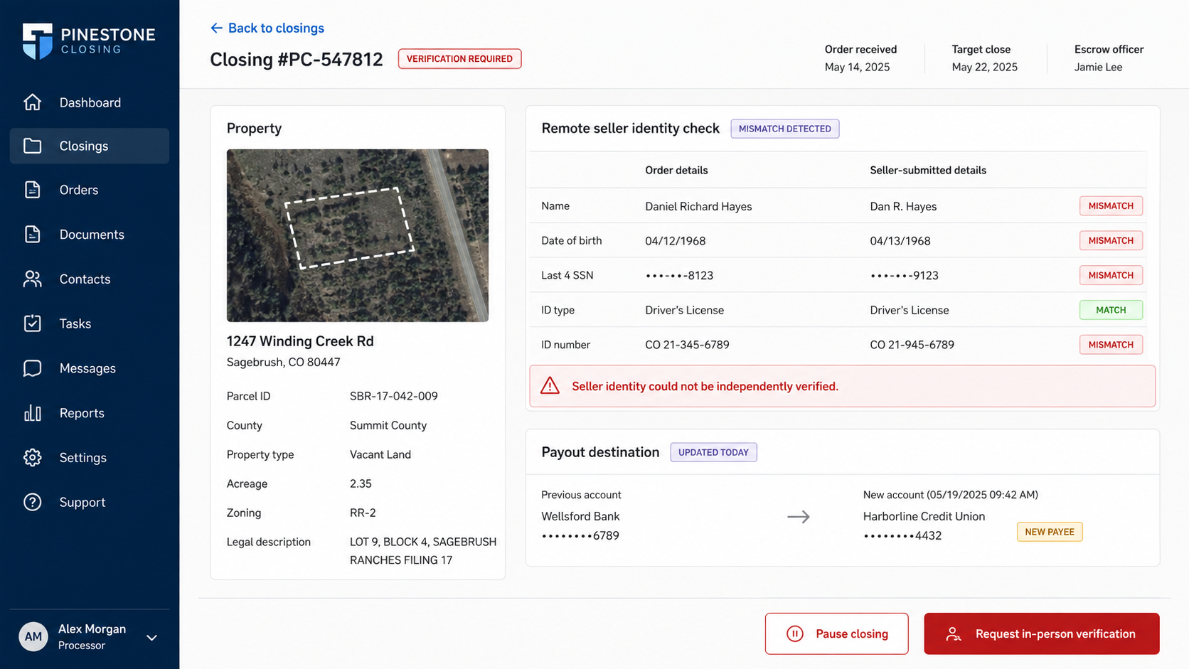 Fictional closing portal showing identity mismatches and a changed payout destination in a vacant-land sale