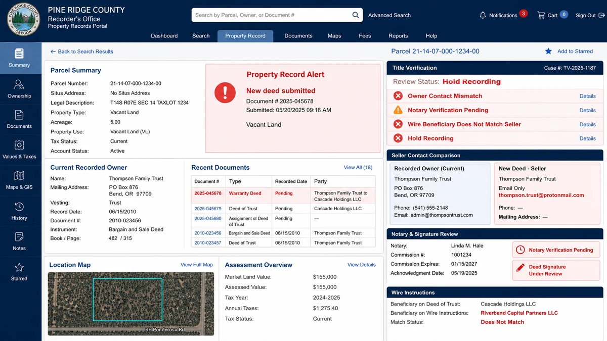 Property record alert showing owner, notary, and wire beneficiary mismatches