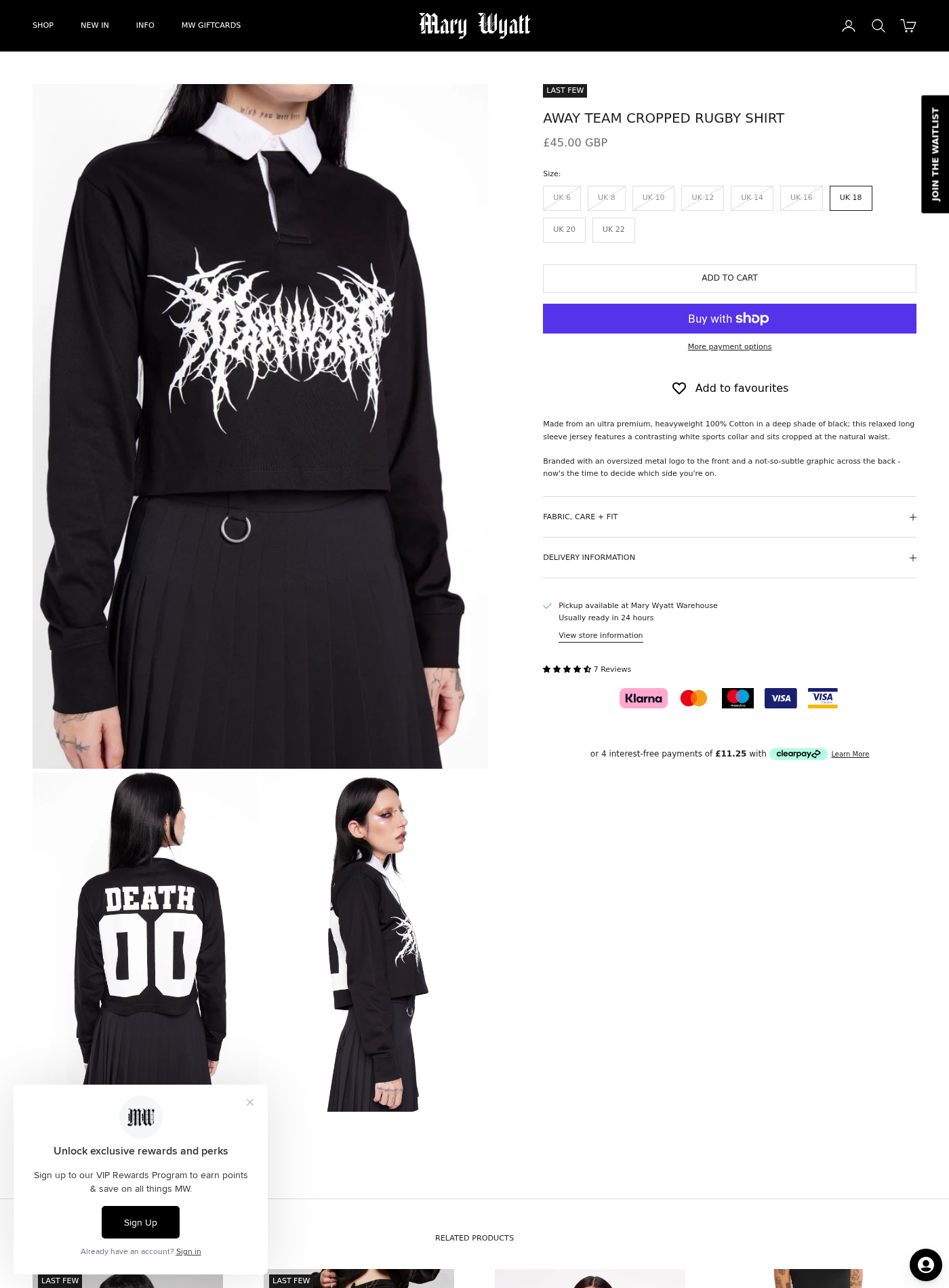 Official Mary Wyatt product page for the Away Team Cropped Rugby Shirt showing the original brand and £45 price