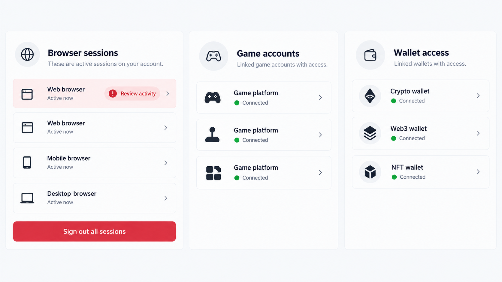 Illustrative account security page showing active sessions for review