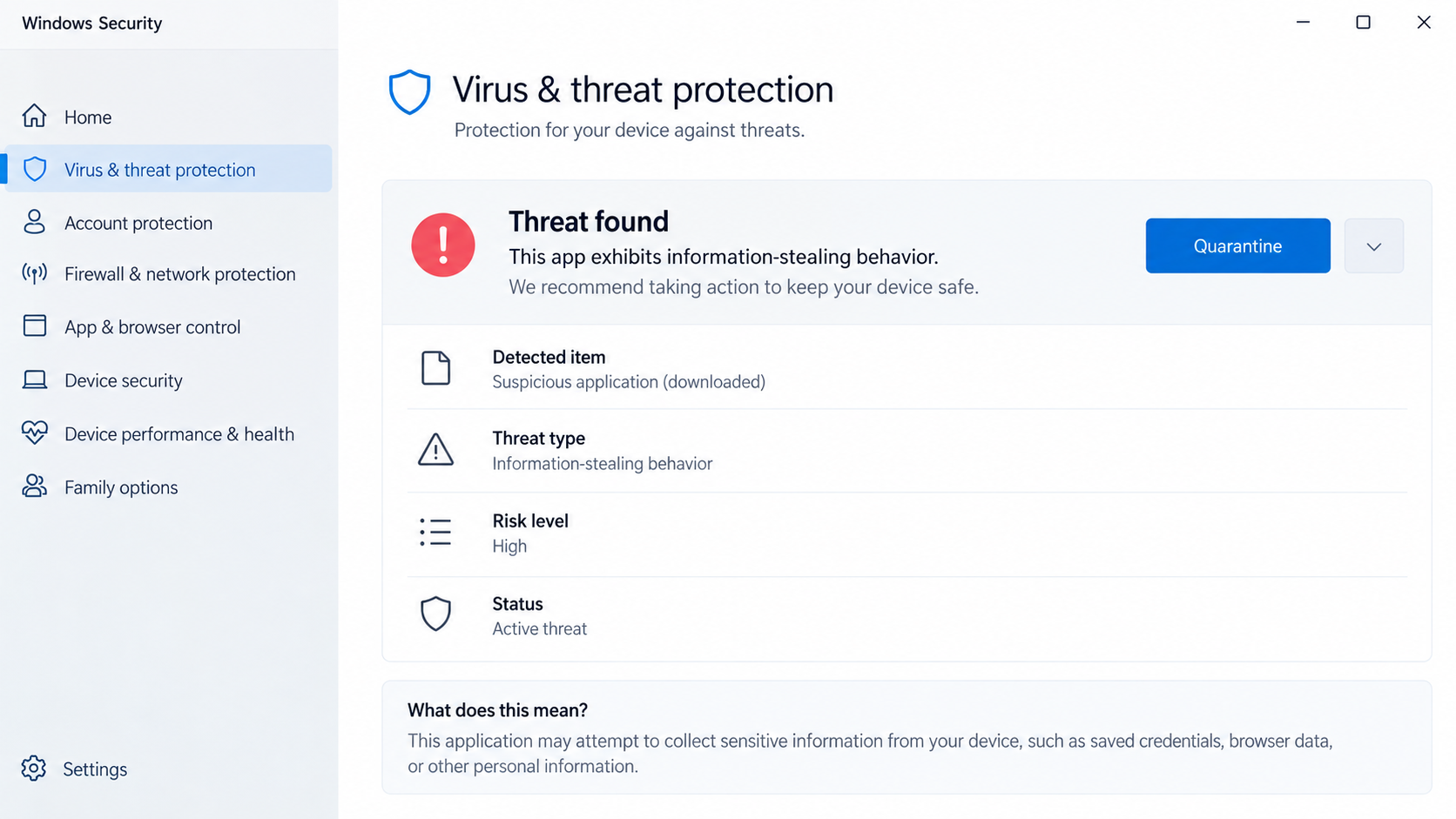 Illustrative Windows protection alert about information-stealing behavior