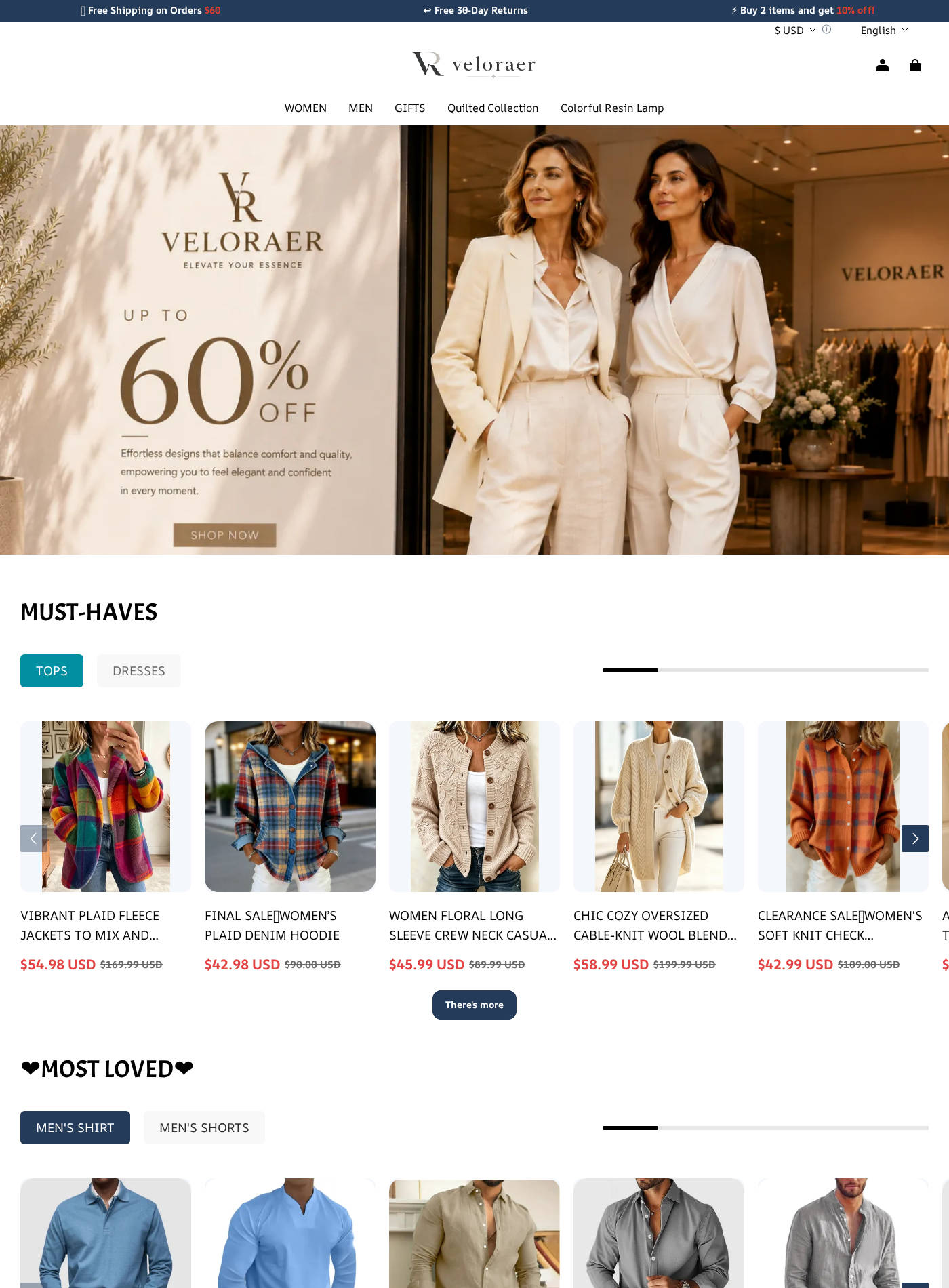 Veloraer homepage displaying fashion imagery, discounts up to 60%, free shipping, and free 30-day return claims