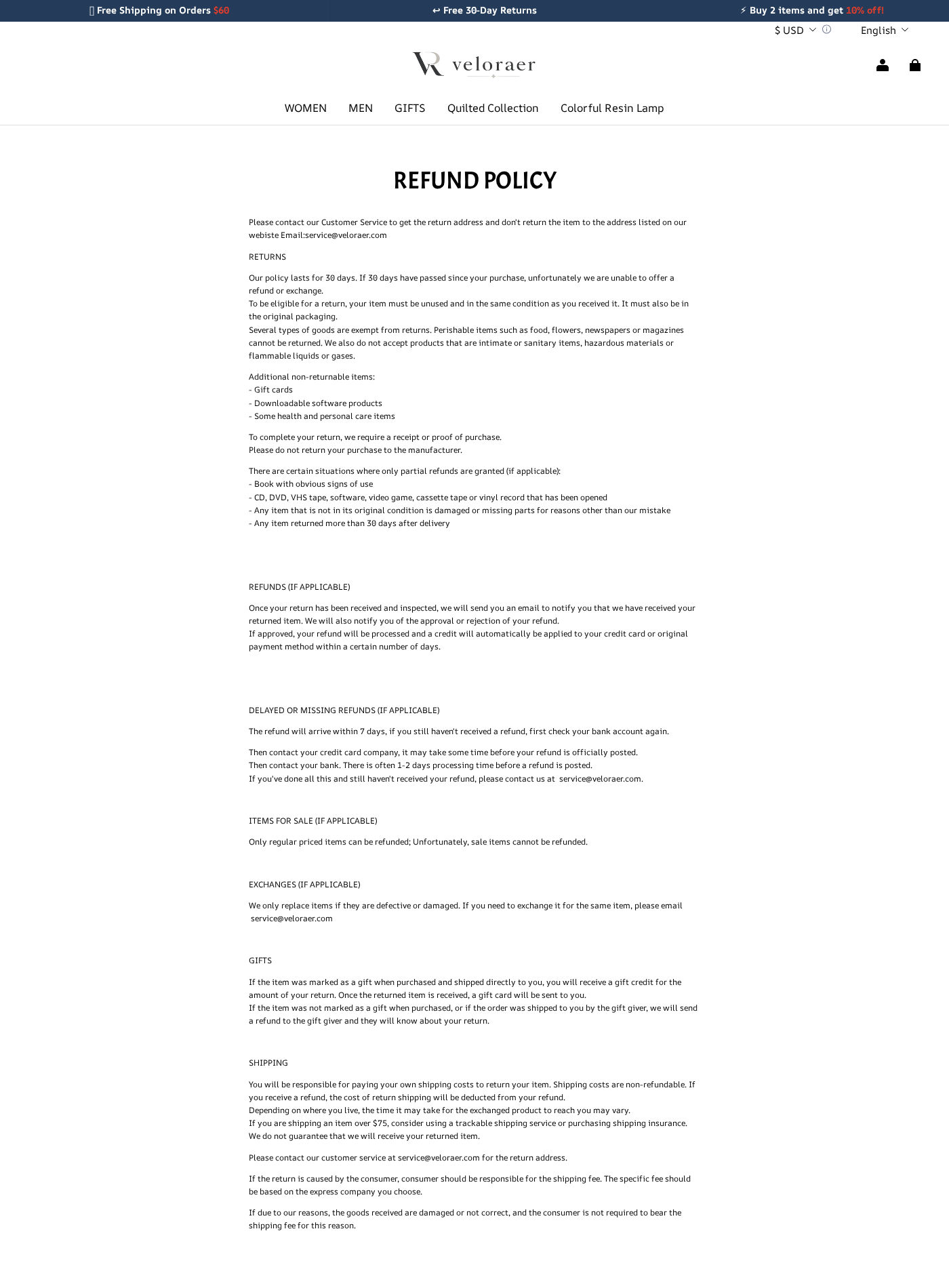 Veloraer refund policy explaining customer-paid return shipping, sale-item exclusions, and approval conditions
