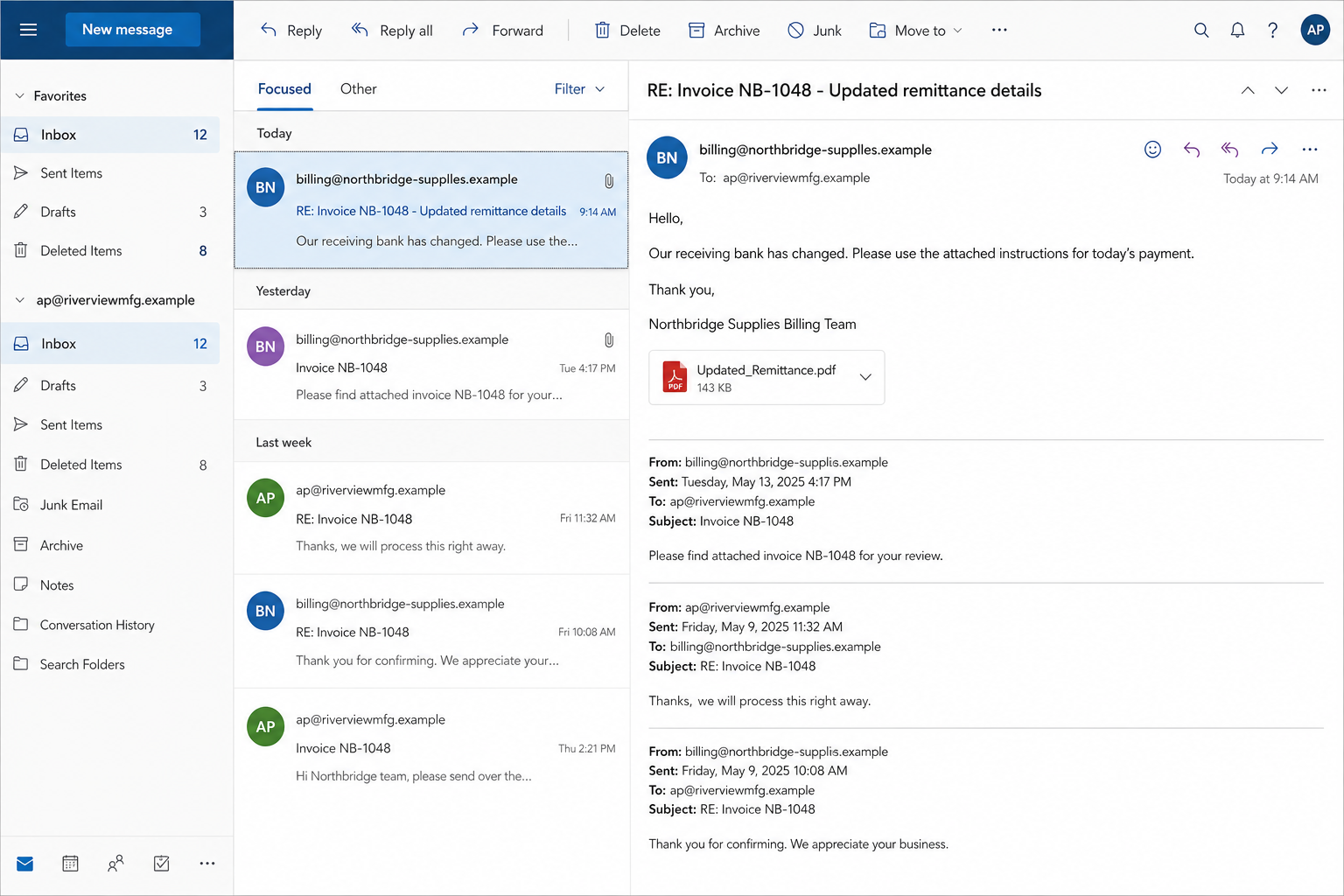 Vendor invoice email scam shown inside a fictional accounts payable inbox