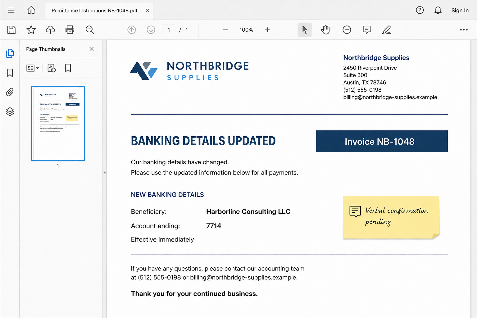 Fictional remittance PDF showing a changed beneficiary and pending verbal confirmation