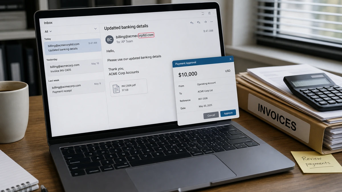 One Extra Letter Exposed a $10,000 Vendor Invoice Scam 1 Realistic reconstruction of a $10,000 vendor invoice email sent from a lookalike domain containing one extra letter