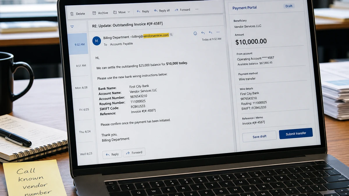One Extra Letter Exposed a $10,000 Vendor Invoice Scam 2 Realistic laptop email showing a vendor domain with one extra letter beside a $10,000 bank transfer draft and a reminder to call the known vendor number