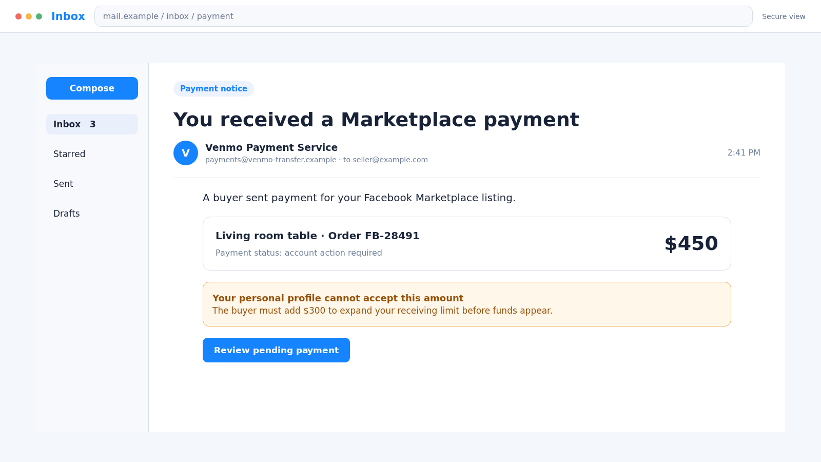 Reconstructed Venmo Facebook Marketplace scam payment confirmation sent to a seller