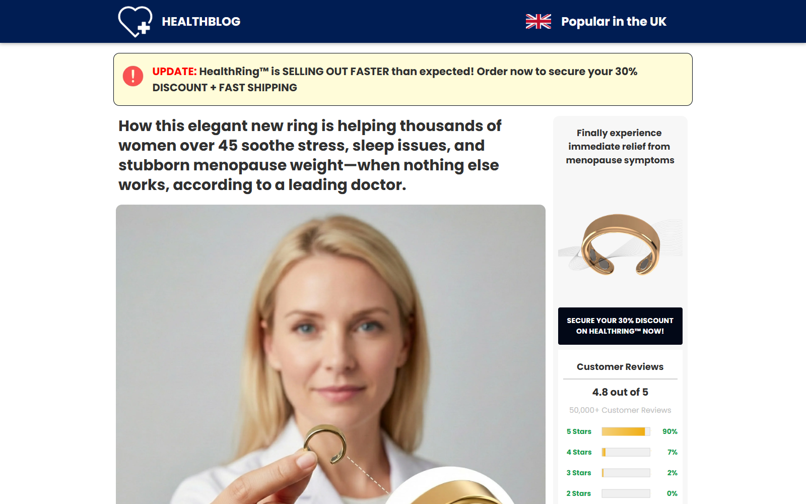 Verdana HealthRing advertorial styled as a health article with a doctor image and menopause claims