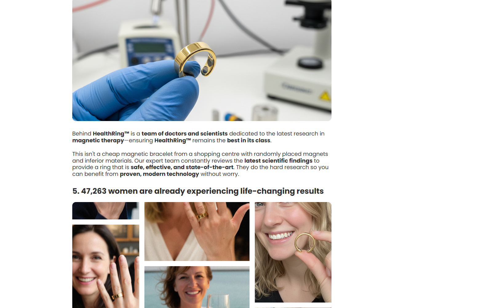 Verdana HealthRing advertorial claiming scientific research and results among 47,263 women