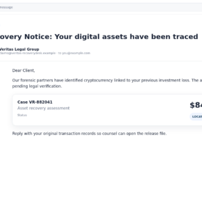 Reconstructed Veritas Legal Group recovery email claiming that previously stolen cryptocurrency has been located
