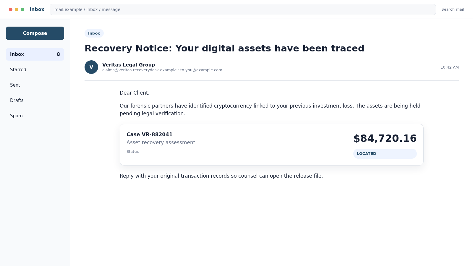 Reconstructed Veritas Legal Group recovery email claiming that previously stolen cryptocurrency has been located